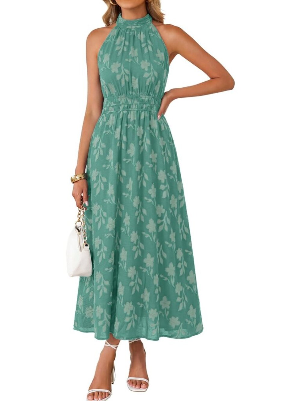 Women's Blue Green Summer Sleeveless Halter Boho Floral Wedding Guest Maxi Dress